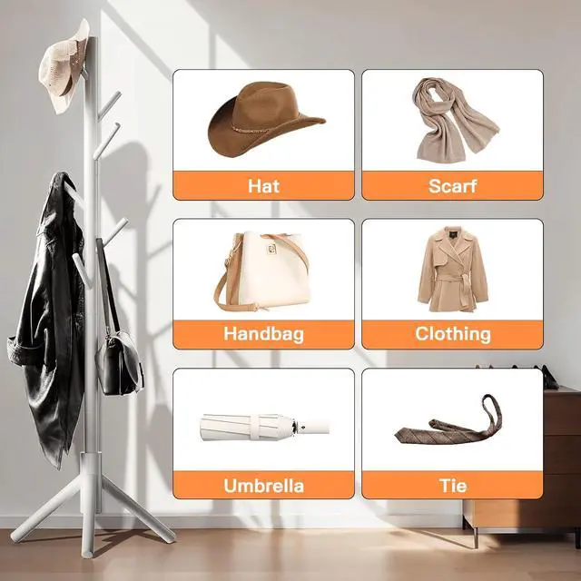 Alt view image 4 of 7 - Coat Rack Stand with 3 Height Options and 8 Hooks Wooden Freestanding Coat Rack for Home, Office, Entryway, Hallway