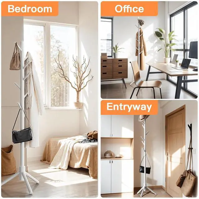 Alt view image 3 of 7 - Coat Rack Stand with 3 Height Options and 8 Hooks Wooden Freestanding Coat Rack for Home, Office, Entryway, Hallway