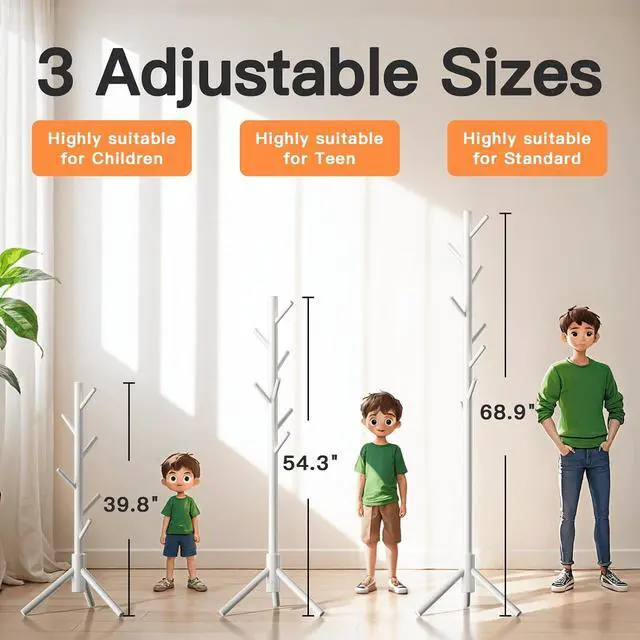 Alt view image 7 of 7 - Coat Rack Stand with 3 Height Options and 8 Hooks Wooden Freestanding Coat Rack for Home, Office, Entryway, Hallway