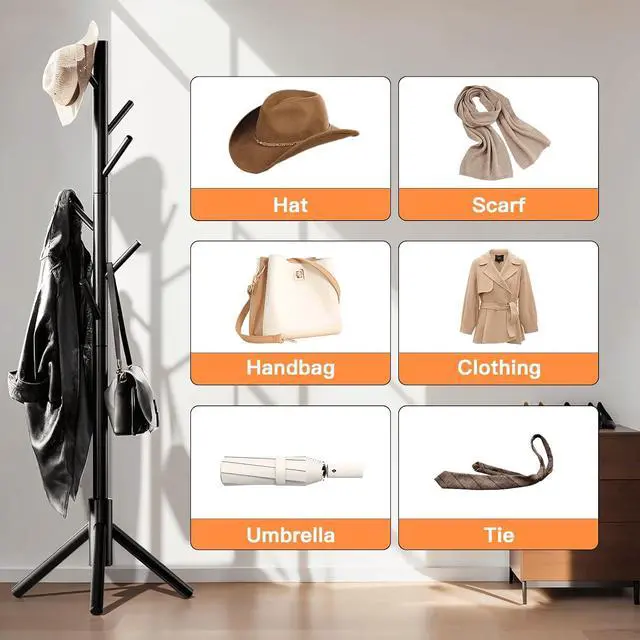 Alt view image 2 of 7 - Coat Rack Stand with 3 Height Options and 8 Hooks Wooden Freestanding Coat Rack for Home, Office, Entryway, Hallway