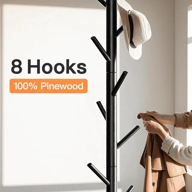 Alt view image 4 of 7 - Coat Rack Stand with 3 Height Options and 8 Hooks Wooden Freestanding Coat Rack for Home, Office, Entryway, Hallway