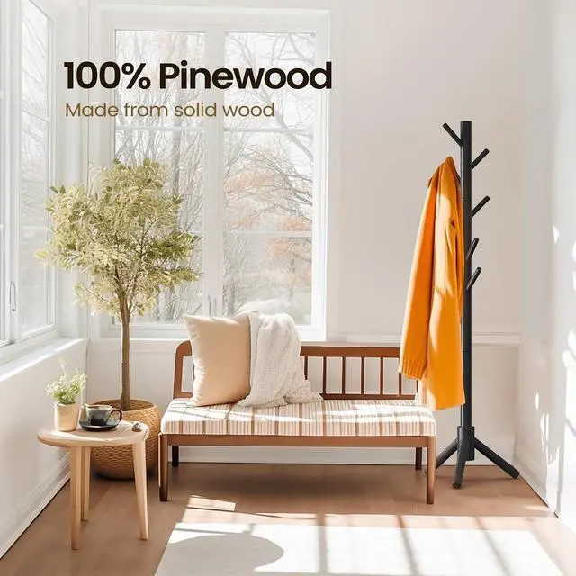 Alt view image 6 of 7 - Coat Rack Stand with 3 Height Options and 8 Hooks Wooden Freestanding Coat Rack for Home, Office, Entryway, Hallway