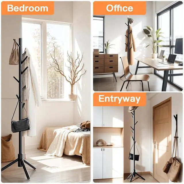 Alt view image 7 of 7 - Coat Rack Stand with 3 Height Options and 8 Hooks Wooden Freestanding Coat Rack for Home, Office, Entryway, Hallway