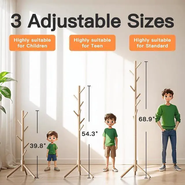 Alt view image 3 of 7 - Coat Rack Stand with 3 Height Options and 8 Hooks Wooden Freestanding Coat Rack for Home, Office, Entryway, Hallway