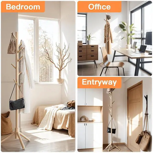 Alt view image 5 of 7 - Coat Rack Stand with 3 Height Options and 8 Hooks Wooden Freestanding Coat Rack for Home, Office, Entryway, Hallway