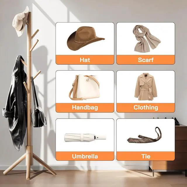 Alt view image 6 of 7 - Coat Rack Stand with 3 Height Options and 8 Hooks Wooden Freestanding Coat Rack for Home, Office, Entryway, Hallway