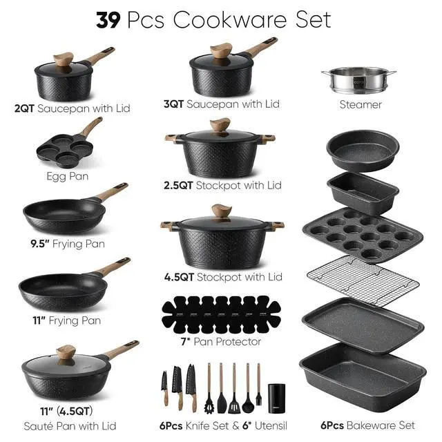 Alt view image 2 of 7 - 39PCS Pots and Pans Set Non Stick, Cookware Set Pots and Pans Induction Cook Ware, Nonstick Kitchen Cooking, PFOA Free, Black