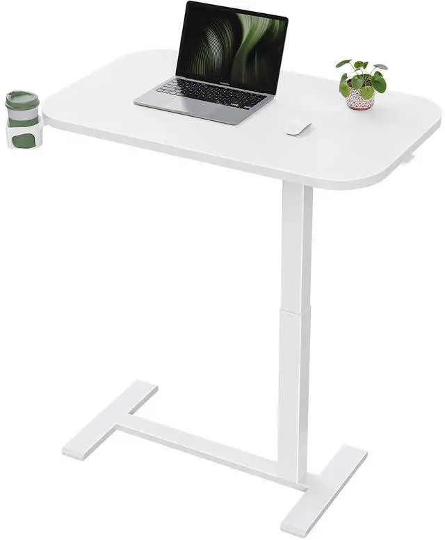 Main image of 32×16 Overbed Table with Hidden Wheels, Pneumatic Adjustable Bedside Table, Mobile Rolling Table with 360° Hideable Cup Holder, White
