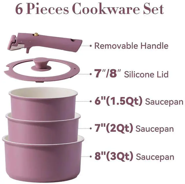 Alt view image 2 of 6 - 6pcs Nonstick Sauce Pan Sets with Lid 3 Sizes1.5QT, 2QT & 3QT, Non Stick Cooking Pot with Detachable Handle, Kitchen Sauce Pots Induction Pot, PFOA FREE, Dishwasher Safe, Purple
