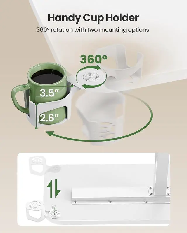 Alt view image 3 of 7 - 32×16 Overbed Table with Hidden Wheels, Pneumatic Adjustable Bedside Table, Mobile Rolling Table with 360° Hideable Cup Holder, White