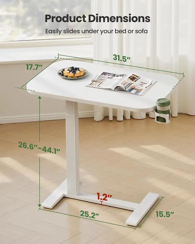 Alt view image 2 of 7 - 32×16 Overbed Table with Hidden Wheels, Pneumatic Adjustable Bedside Table, Mobile Rolling Table with 360° Hideable Cup Holder, White