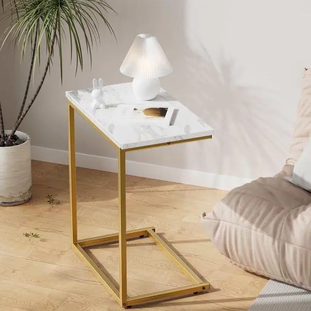 Main image of C Shaped End Table, Vintage Side Table for Couch, Laptop, Coffee, Snack, Sofa Side End Table C Shape for Living Room, 27"(H) x 19.7"(W) x 12.6"(D), Marble