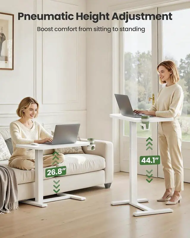 Alt view image 5 of 7 - 32×16 Overbed Table with Hidden Wheels, Pneumatic Adjustable Bedside Table, Mobile Rolling Table with 360° Hideable Cup Holder, White