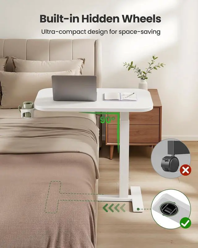 Alt view image 4 of 7 - 32×16 Overbed Table with Hidden Wheels, Pneumatic Adjustable Bedside Table, Mobile Rolling Table with 360° Hideable Cup Holder, White