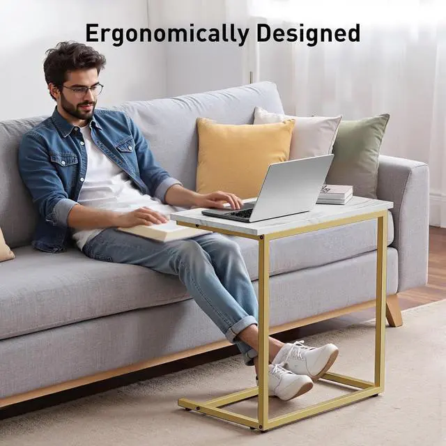 Alt view image 2 of 6 - C Shaped End Table, Vintage Side Table for Couch, Laptop, Coffee, Snack, Sofa Side End Table C Shape for Living Room, 27"(H) x 19.7"(W) x 12.6"(D), Marble