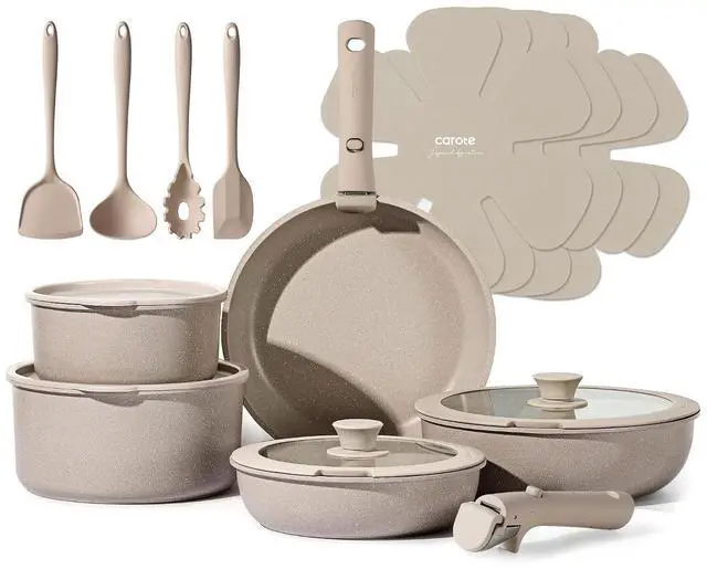 Main image of 19pcs Pots and Pans Set Non Stick, Nonstick Cookware Set Detachable Handle, Induction Kitchen Cooking Sets with Removable Handle, RV Kitchen, Oven Safe, Taupe