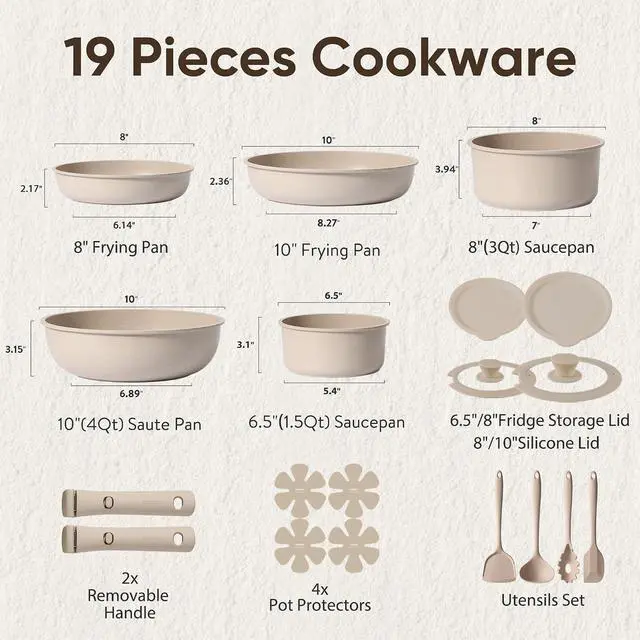 Alt view image 2 of 7 - 19pcs Pots and Pans Set Non Stick, Nonstick Cookware Set Detachable Handle, Induction Kitchen Cooking Sets with Removable Handle, RV Kitchen, Oven Safe, Taupe