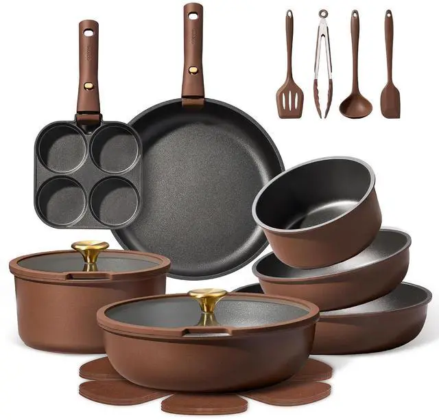 Main image of 21pcs Pots and Pans Set, Nonstick Cookware Set Detachable Handle, Induction Kitchen Cookware Sets Non Stick with Removable Handle, RV Cookware Set, Oven Safe, Brown