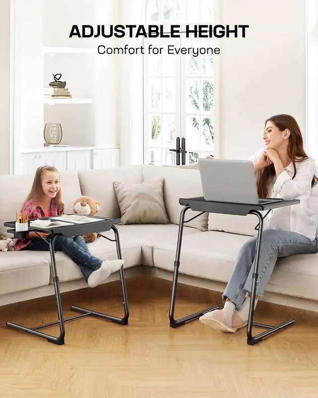 Alt view image 4 of 7 - Multifunctional TV Tray Table - 2 Packs Adjustable TV Dinner Tray Tables with 6 Height & 3 Tilt Angle, Folding TV Trays with Cup Holder for Bed & Sofa, for Eating & Reading