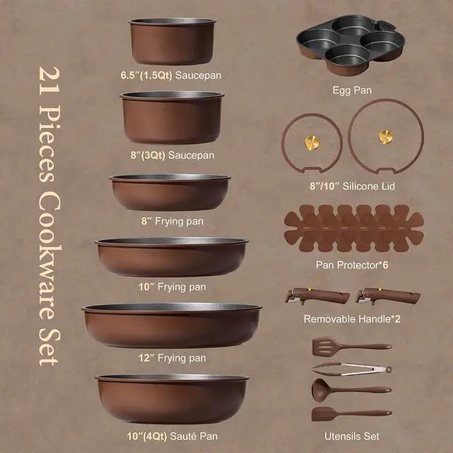 Alt view image 2 of 7 - 21pcs Pots and Pans Set, Nonstick Cookware Set Detachable Handle, Induction Kitchen Cookware Sets Non Stick with Removable Handle, RV Cookware Set, Oven Safe, Brown