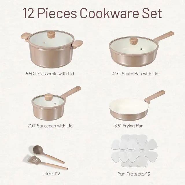 Alt view image 2 of 7 - 12Pcs Ceramic Pots and Pans Set Non Stick, Healthy Cookware Set, PFAS/PFOA Free, Kitchen Cooking Set with Frying Pans, Taupe