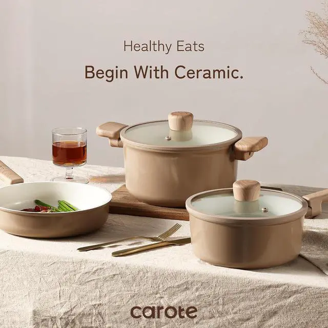 Alt view image 5 of 7 - 12Pcs Ceramic Pots and Pans Set Non Stick, Healthy Cookware Set, PFAS/PFOA Free, Kitchen Cooking Set with Frying Pans, Taupe