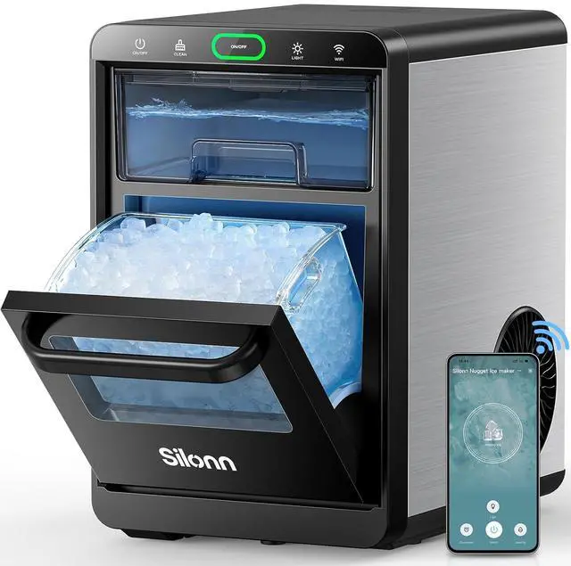 Main image of Nugget Ice Maker Countertop with WiFi Function - 44lbs/24h Crushed Ice Machine, Front Pull-Out Water Tank & Removable Basket, Stainless Steel Finish for Home Kitchen