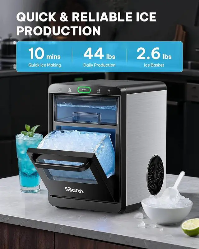 Alt view image 2 of 7 - Nugget Ice Maker Countertop with WiFi Function - 44lbs/24h Crushed Ice Machine, Front Pull-Out Water Tank & Removable Basket, Stainless Steel Finish for Home Kitchen