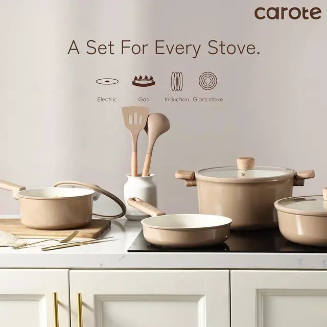 Alt view image 7 of 7 - 12Pcs Ceramic Pots and Pans Set Non Stick, Healthy Cookware Set, PFAS/PFOA Free, Kitchen Cooking Set with Frying Pans, Taupe