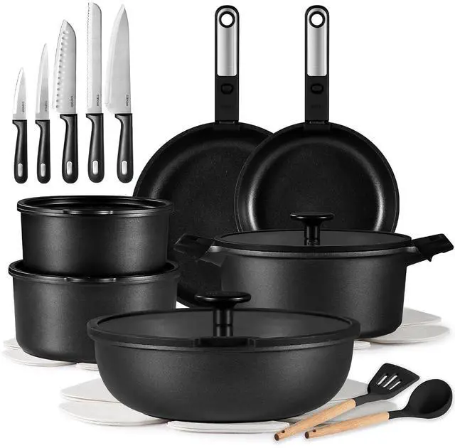 Main image of 25pcs Pots and Pans Set Non Stick, Cookware Sets, Kitchen Set, Oven/Dishwasher/Fridge Safe, Space Saving Pots Set, Nonstick Set with Versatile Detachable Handle with Knife Set, Jet Black