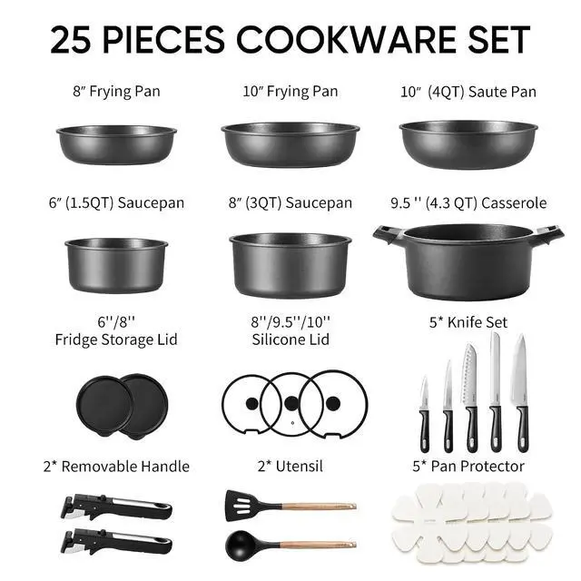 Alt view image 2 of 7 - 25pcs Pots and Pans Set Non Stick, Cookware Sets, Kitchen Set, Oven/Dishwasher/Fridge Safe, Space Saving Pots Set, Nonstick Set with Versatile Detachable Handle with Knife Set, Jet Black