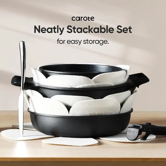 Alt view image 7 of 7 - 25pcs Pots and Pans Set Non Stick, Cookware Sets, Kitchen Set, Oven/Dishwasher/Fridge Safe, Space Saving Pots Set, Nonstick Set with Versatile Detachable Handle with Knife Set, Jet Black