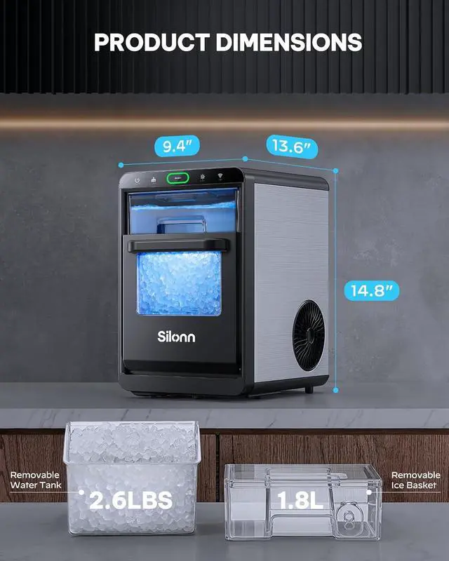 Alt view image 4 of 7 - Nugget Ice Maker Countertop with WiFi Function - 44lbs/24h Crushed Ice Machine, Front Pull-Out Water Tank & Removable Basket, Stainless Steel Finish for Home Kitchen