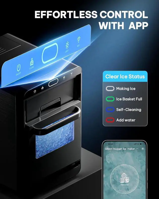 Alt view image 5 of 7 - Nugget Ice Maker Countertop with WiFi Function - 44lbs/24h Crushed Ice Machine, Front Pull-Out Water Tank & Removable Basket, Stainless Steel Finish for Home Kitchen