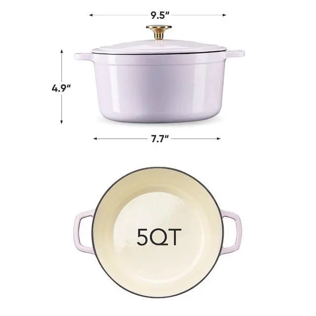 Alt view image 2 of 7 - 5QT Enameled Cast Iron Dutch Oven Pot with Lid, Heavy-Duty Dutch Ovens for Sourdough Bread Baking, Braising, Roasting, Dual Handles, Healthy & Non-Toxic, All Stovetop Compatible, Oven Safe up to 500°