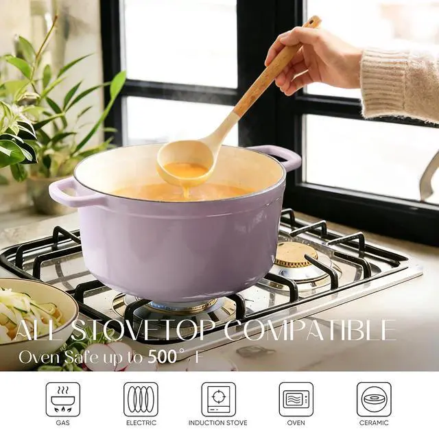 Alt view image 3 of 7 - 5QT Enameled Cast Iron Dutch Oven Pot with Lid, Heavy-Duty Dutch Ovens for Sourdough Bread Baking, Braising, Roasting, Dual Handles, Healthy & Non-Toxic, All Stovetop Compatible, Oven Safe up to 500°