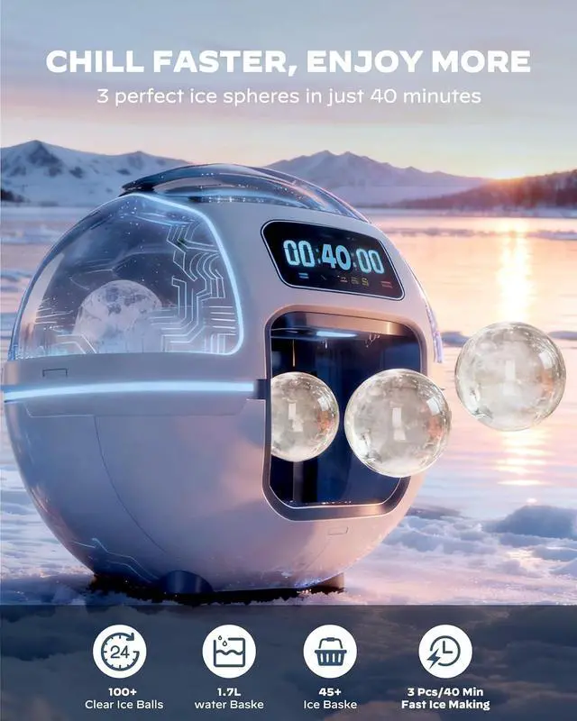 Alt view image 3 of 7 - 2.4 Sphere Ice Maker Countertop, Clear Ice Ball Maker Machine with Crystal Sphere & Rapid Sphere Technology, 3 pcs in 40 Mins, 100 pcs/Day, Self-Cleaning Ice Maker Ideal for Whiskey