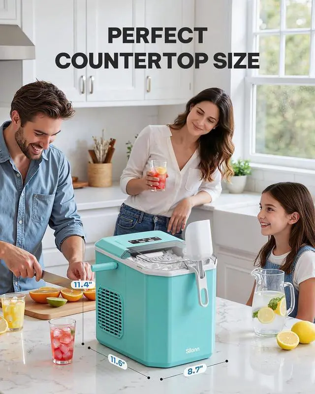 Alt view image 7 of 7 - Ice Maker Countertop, Portable Ice Machine with Carry Handle, Self-Cleaning Ice Makers with Basket and Scoop, 9 Cubes in 6 Mins, 26 lbs per Day, Ideal for Home, Kitchen, Camping, RV