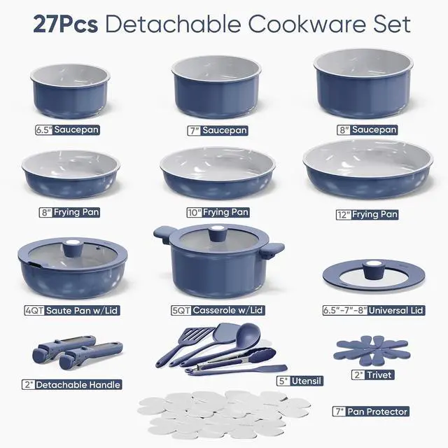 Alt view image 2 of 7 - 27pcs Ceramic Cookware Set Nonstick, Pots and Pans Set Non Stick, Non Toxic Cookware Detachable Handles, Dishwasher/Oven Safe, RV/Camping Cookware with Kitchen Utensils, Blue