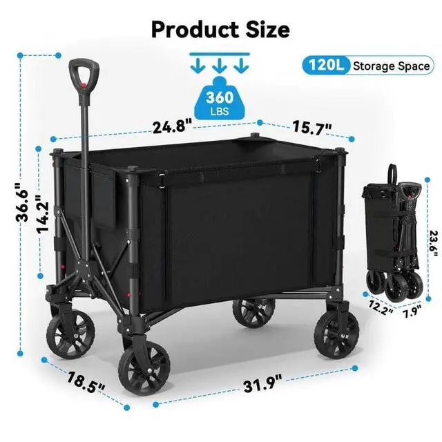 Alt view image 2 of 7 - Foldable Wagon Cart, 360LBS Portable Collapsible Wagon Cart, 120L Capacity Utility Cart with 2 Cup Holder for Groceries, Camping, Shopping, Garden, Beach,