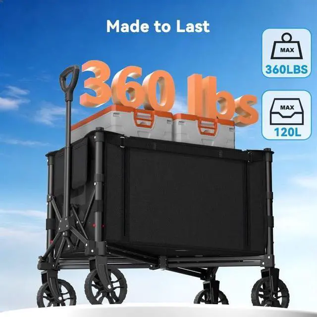 Alt view image 3 of 7 - Foldable Wagon Cart, 360LBS Portable Collapsible Wagon Cart, 120L Capacity Utility Cart with 2 Cup Holder for Groceries, Camping, Shopping, Garden, Beach,