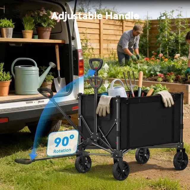 Alt view image 4 of 7 - Foldable Wagon Cart, 360LBS Portable Collapsible Wagon Cart, 120L Capacity Utility Cart with 2 Cup Holder for Groceries, Camping, Shopping, Garden, Beach,