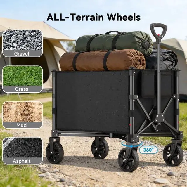 Alt view image 5 of 7 - Foldable Wagon Cart, 360LBS Portable Collapsible Wagon Cart, 120L Capacity Utility Cart with 2 Cup Holder for Groceries, Camping, Shopping, Garden, Beach,