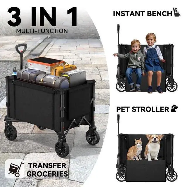 Alt view image 7 of 7 - Foldable Wagon Cart, 360LBS Portable Collapsible Wagon Cart, 120L Capacity Utility Cart with 2 Cup Holder for Groceries, Camping, Shopping, Garden, Beach,