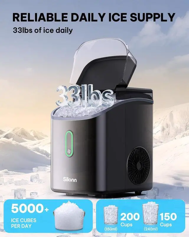 Alt view image 3 of 7 - Nugget Ice Maker Countertop, Pebble Ice Makers with Crushed Soft Chewable Ice, 33lbs Per Day with Scoop, Pellet Portable Ice Machines with Auto-Cleaning for Home, Kitchen, Office, Black