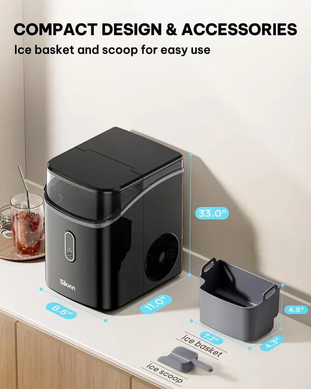 Alt view image 6 of 7 - Nugget Ice Maker Countertop, Pebble Ice Makers with Crushed Soft Chewable Ice, 33lbs Per Day with Scoop, Pellet Portable Ice Machines with Auto-Cleaning for Home, Kitchen, Office, Black