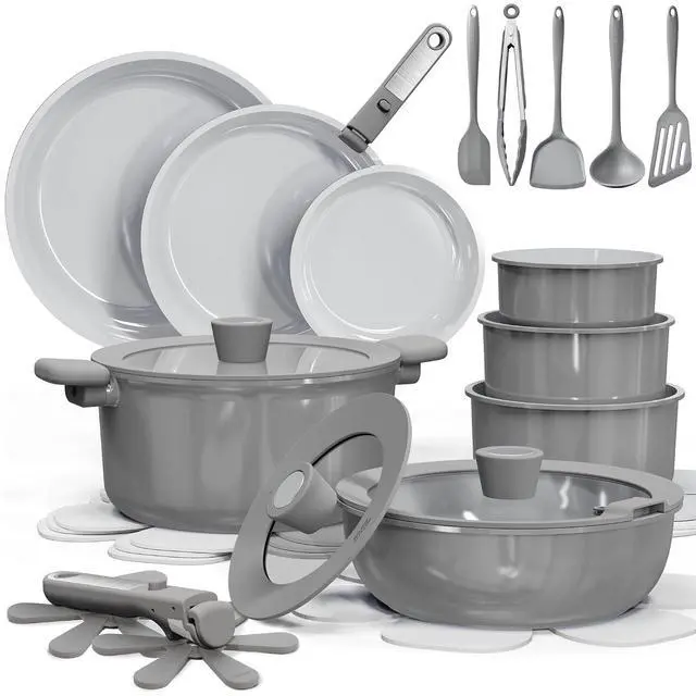 Main image of 27pcs Ceramic Cookware Set Nonstick, Pots and Pans Set Non Stick, Non Toxic Cookware Detachable Handles, Dishwasher/Oven Safe, RV/Camping Cookware with Kitchen Utensils, Gray