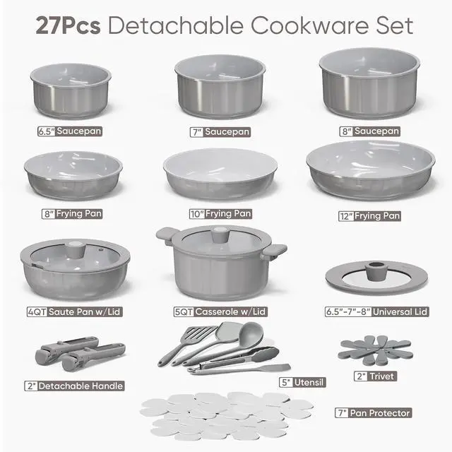 Alt view image 2 of 7 - 27pcs Ceramic Cookware Set Nonstick, Pots and Pans Set Non Stick, Non Toxic Cookware Detachable Handles, Dishwasher/Oven Safe, RV/Camping Cookware with Kitchen Utensils, Gray