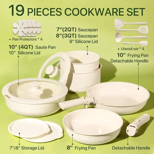 Alt view image 2 of 5 - 19pcs Pots and Pans Set Non Stick, Ceramic Cookware Sets, Oven/Fridge Safe, Space Saving Pots Set, Nonstick Cooking Set with Versatile Detachable Handle, Induction RV Set, Cream White