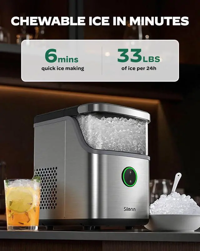 Alt view image 5 of 7 - Nugget Ice Maker Countertop, Ice Basket with Handle, Quiet Operation & Self Cleaning Ice Machine, Chewable Ice, 33 lbs/24H, Portable Pellet Ice Maker with Scoop for Home, Kitchen and Office